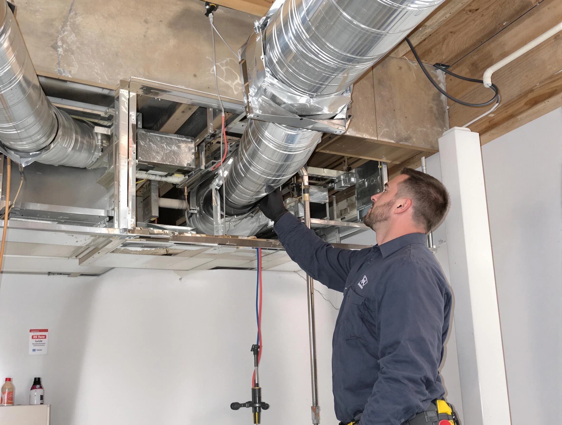 Hooper Air Duct Cleaning technician performing professional air duct repair using specialized tools in Hooper